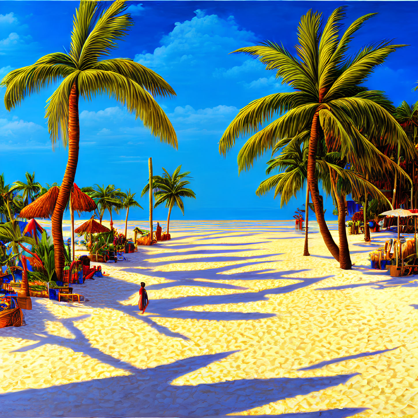 Tropical beach scene with palm trees, beachgoers, umbrellas