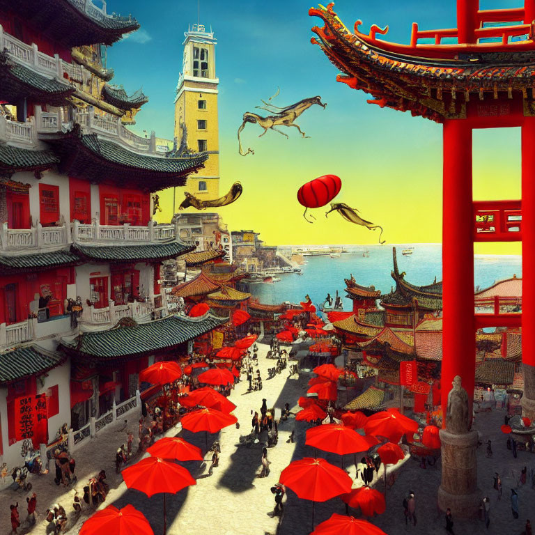 Asian-style town street scene with traditional architecture, clock tower, dragons, and red umbrellas.