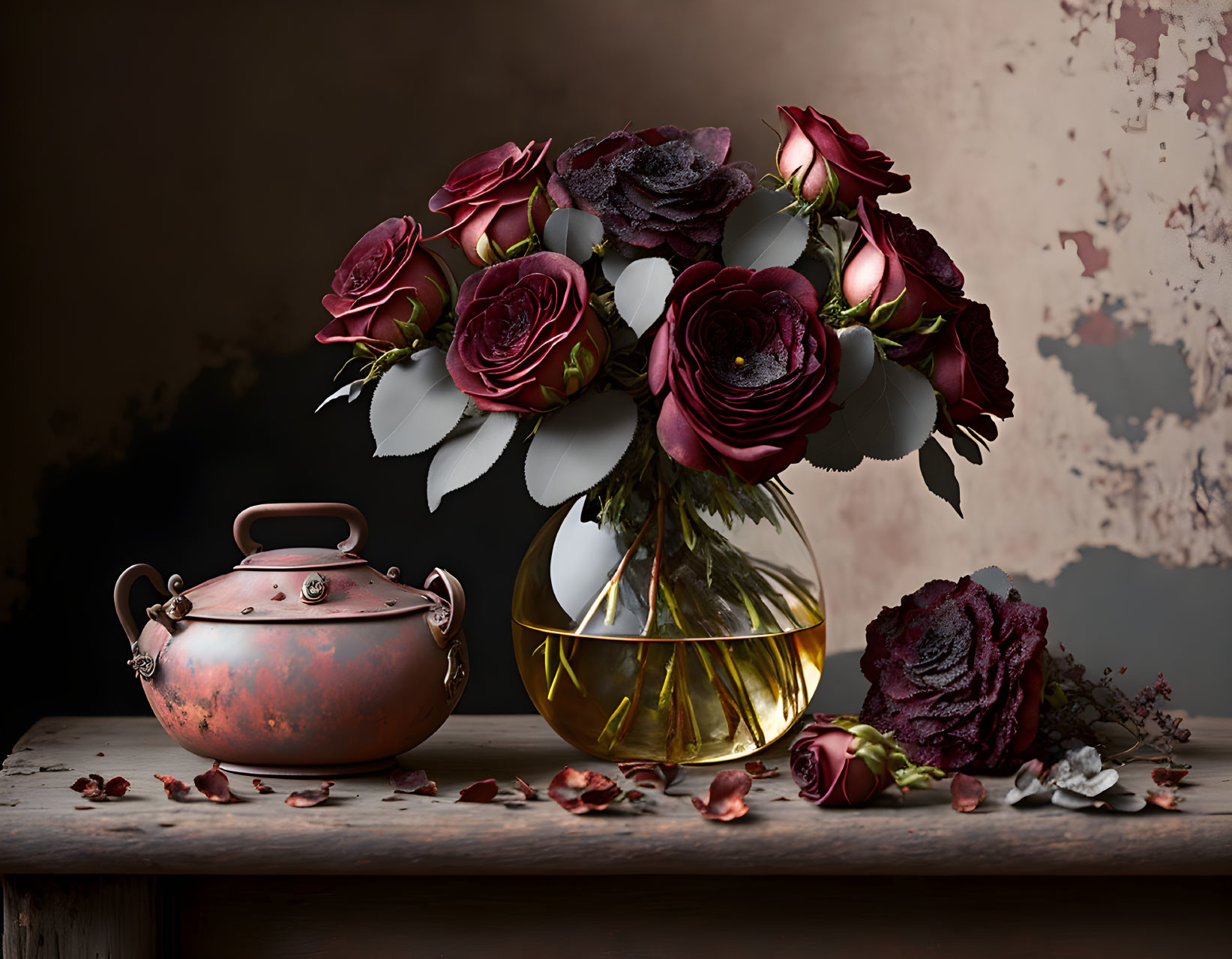 Deep red roses and dark foliage in glass vase with copper tea pot on moody backdrop