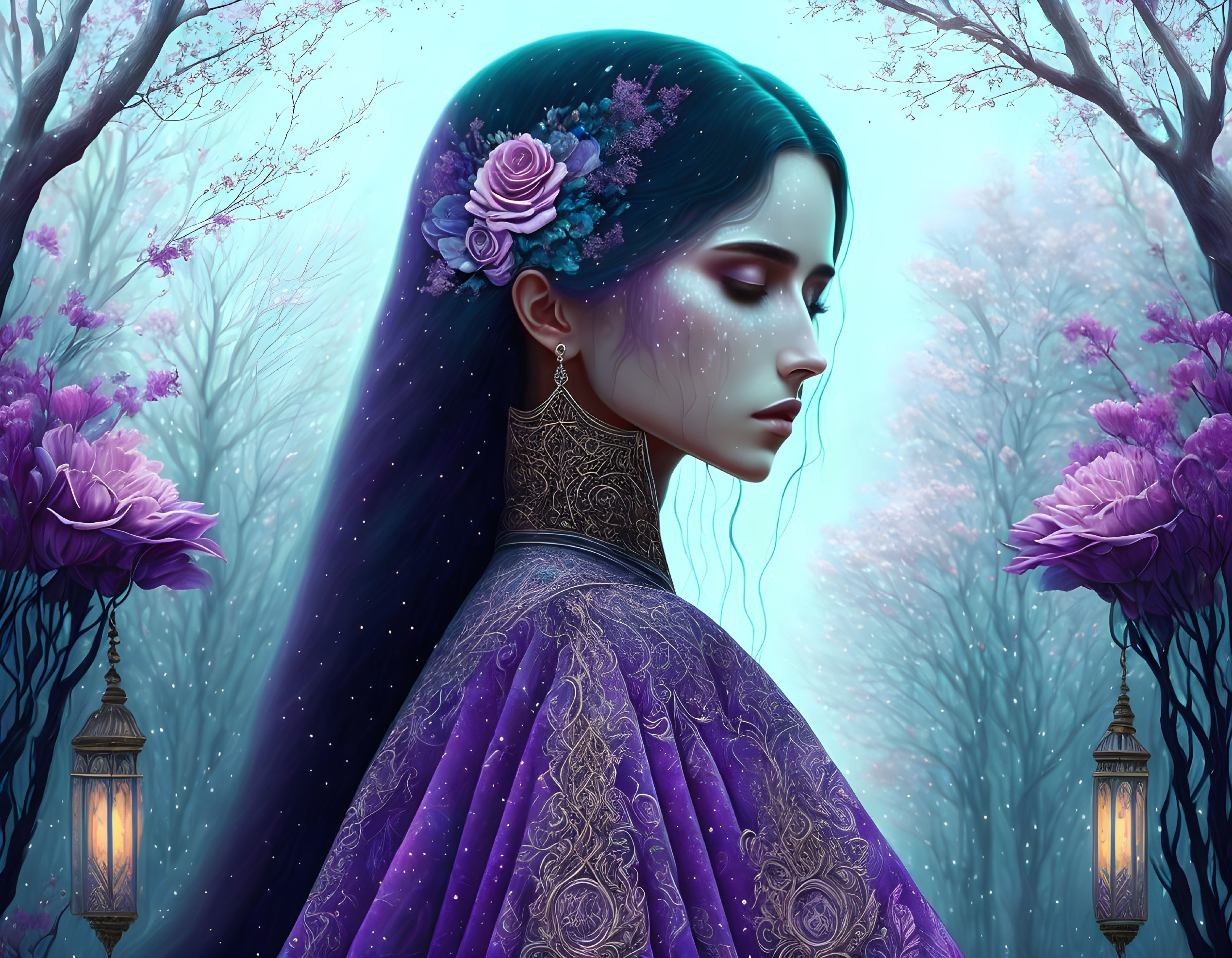 Digital artwork: Woman with galaxy hair and purple cloak in mystical forest