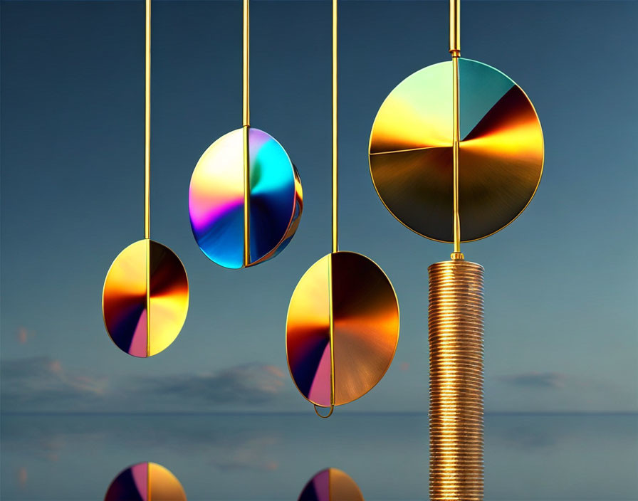 Circular Colorful Discs Suspended Over Reflective Surface