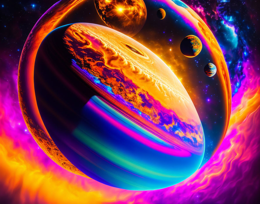 Colorful Digital Artwork Featuring Swirling Planets and Cosmic Nebulas