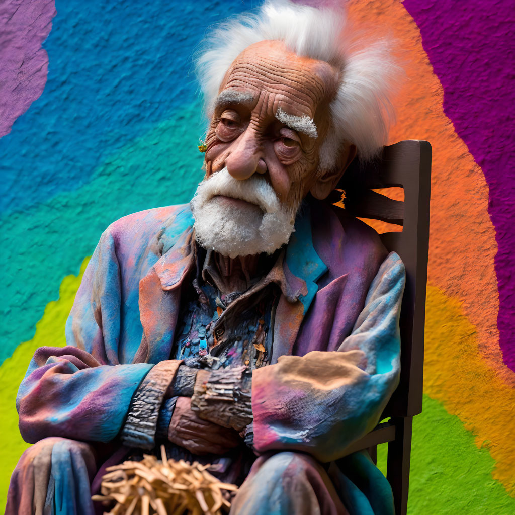 Elderly man with white hair and beard in front of vibrant, multicolored wall