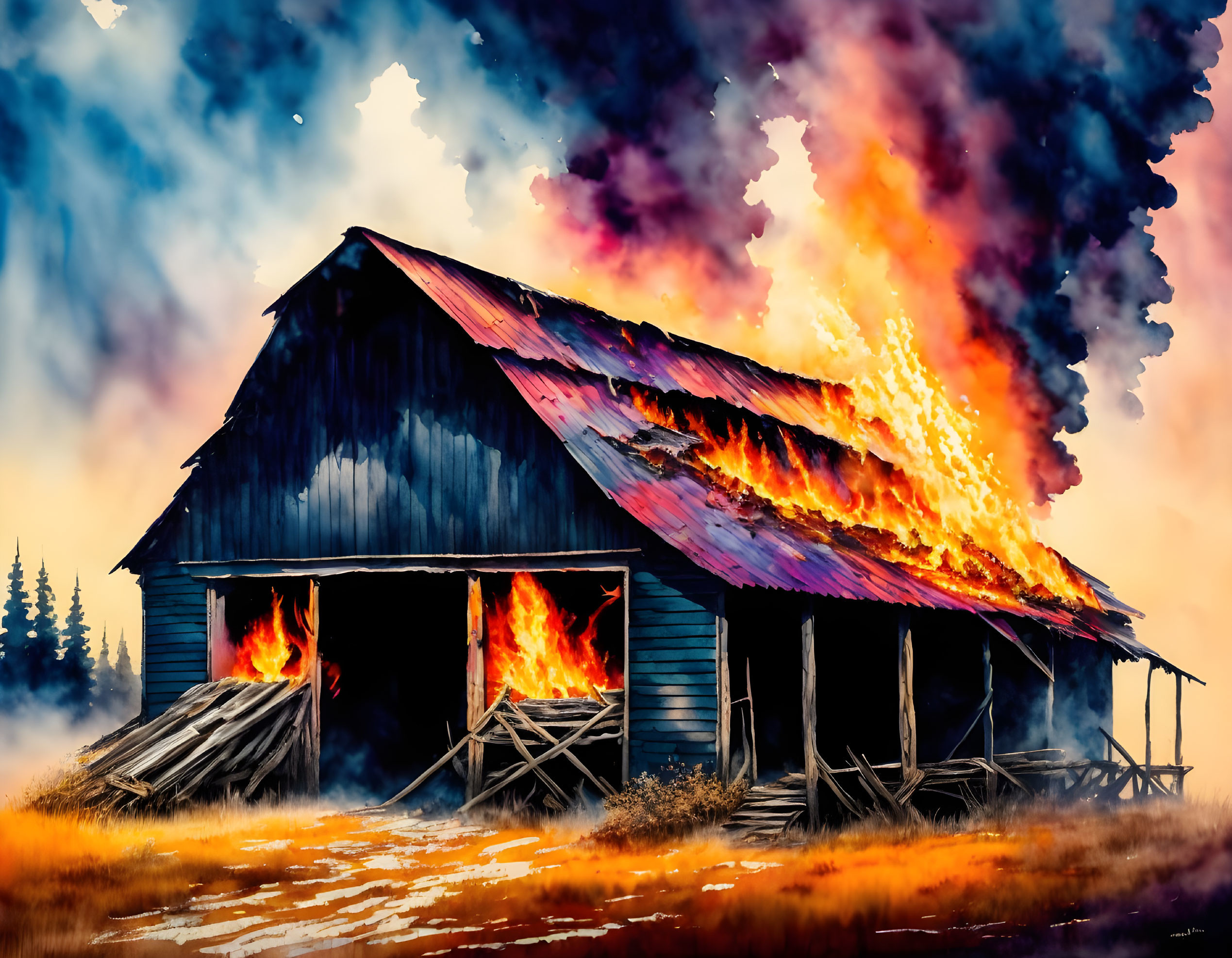 Barn on fire watercolor illustration at dusk