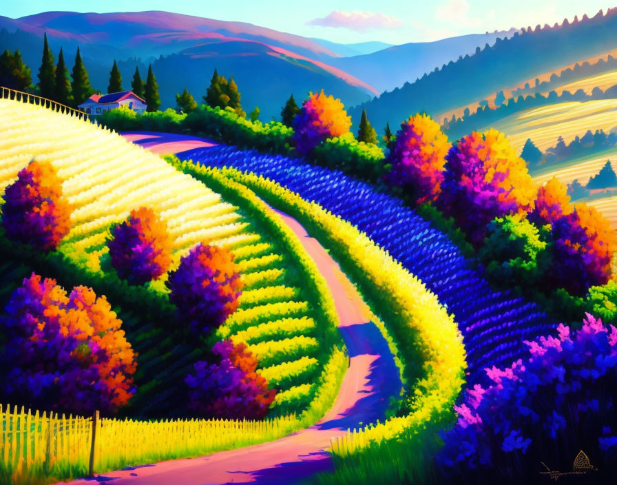 Colorful painting of rolling hills, stylized trees, winding road, and distant house under bright sky