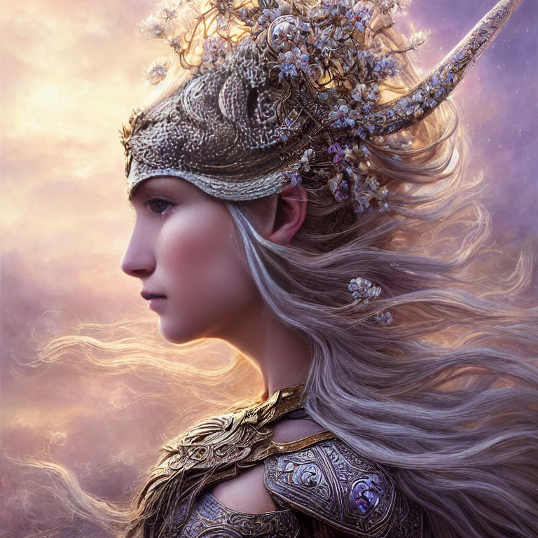 Profile view of person with long wavy hair in ornate helm and armor against purple sky