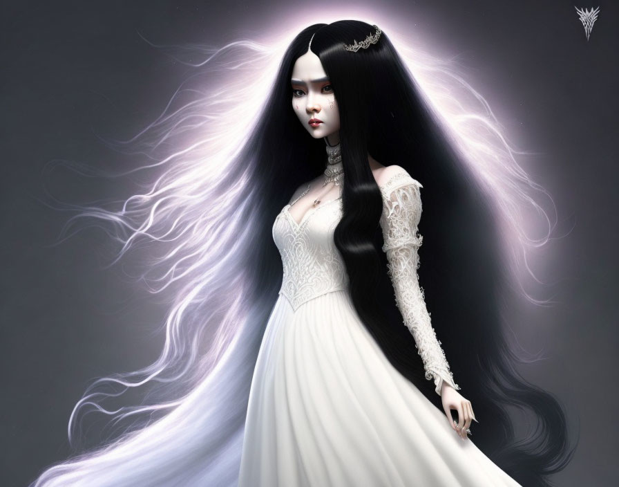 Ethereal woman with white hair in white gown on dark background