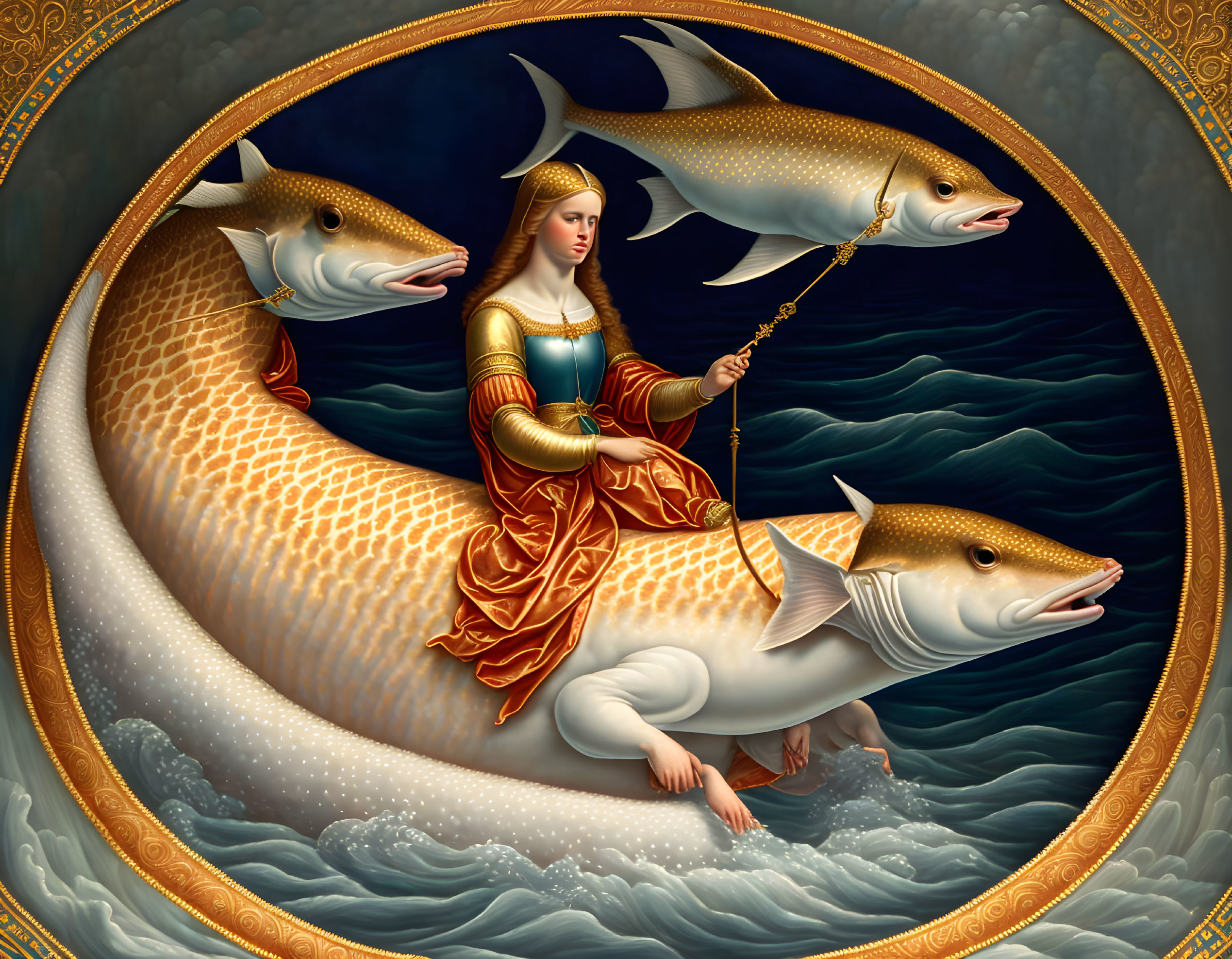 Surreal painting of woman fishing with fantastical fish in ornate golden frame