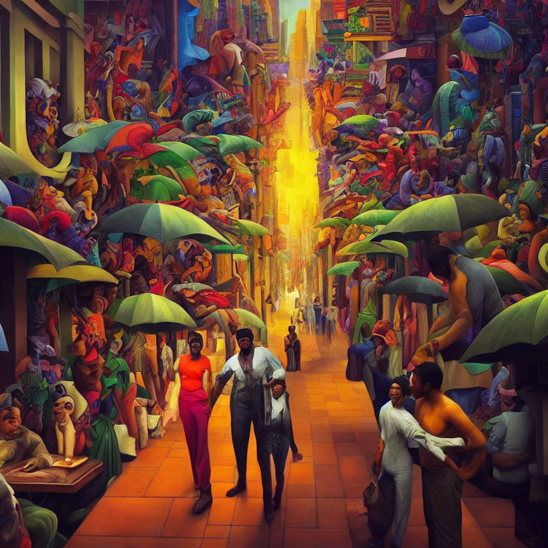 Colorful Street Scene with Diverse People and Umbrellas in Golden Light