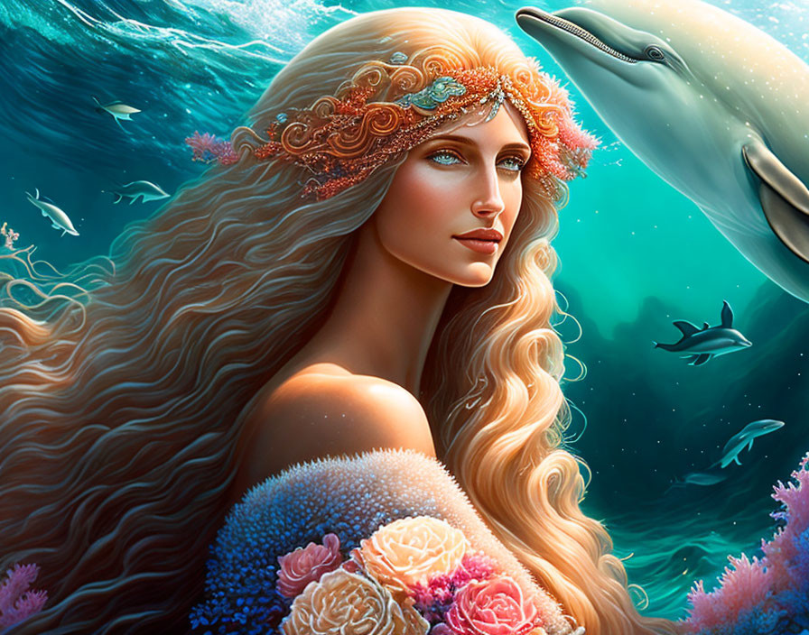 Fantasy illustration of woman with flowing hair, floral headpiece, dolphin, fishes, and coral underwater