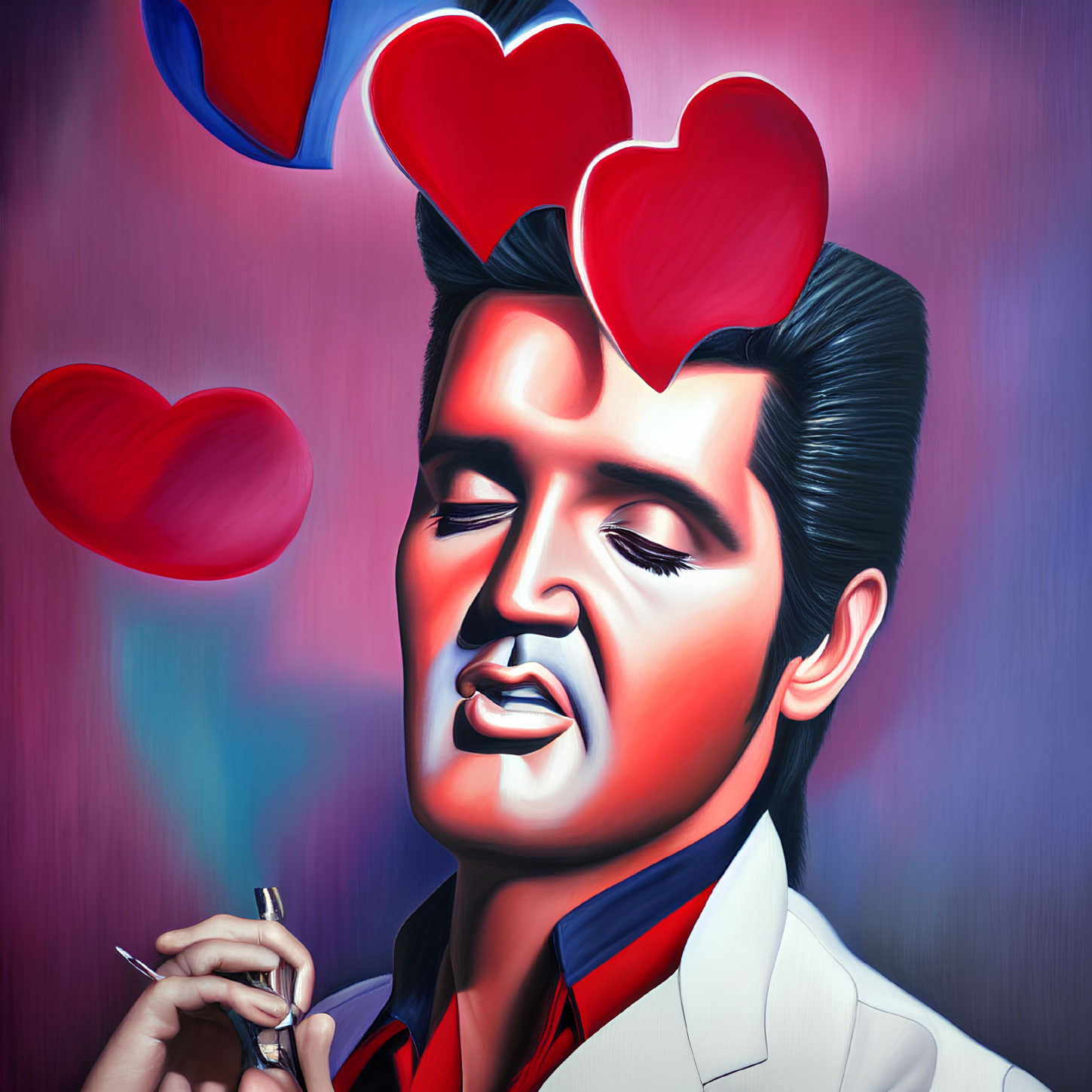 Vibrant pop art painting: Man resembling Elvis with closed eyes, holding a microphone, red hearts