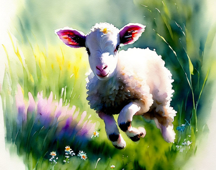 Young lamb in sunlit field with tall grass and flowers