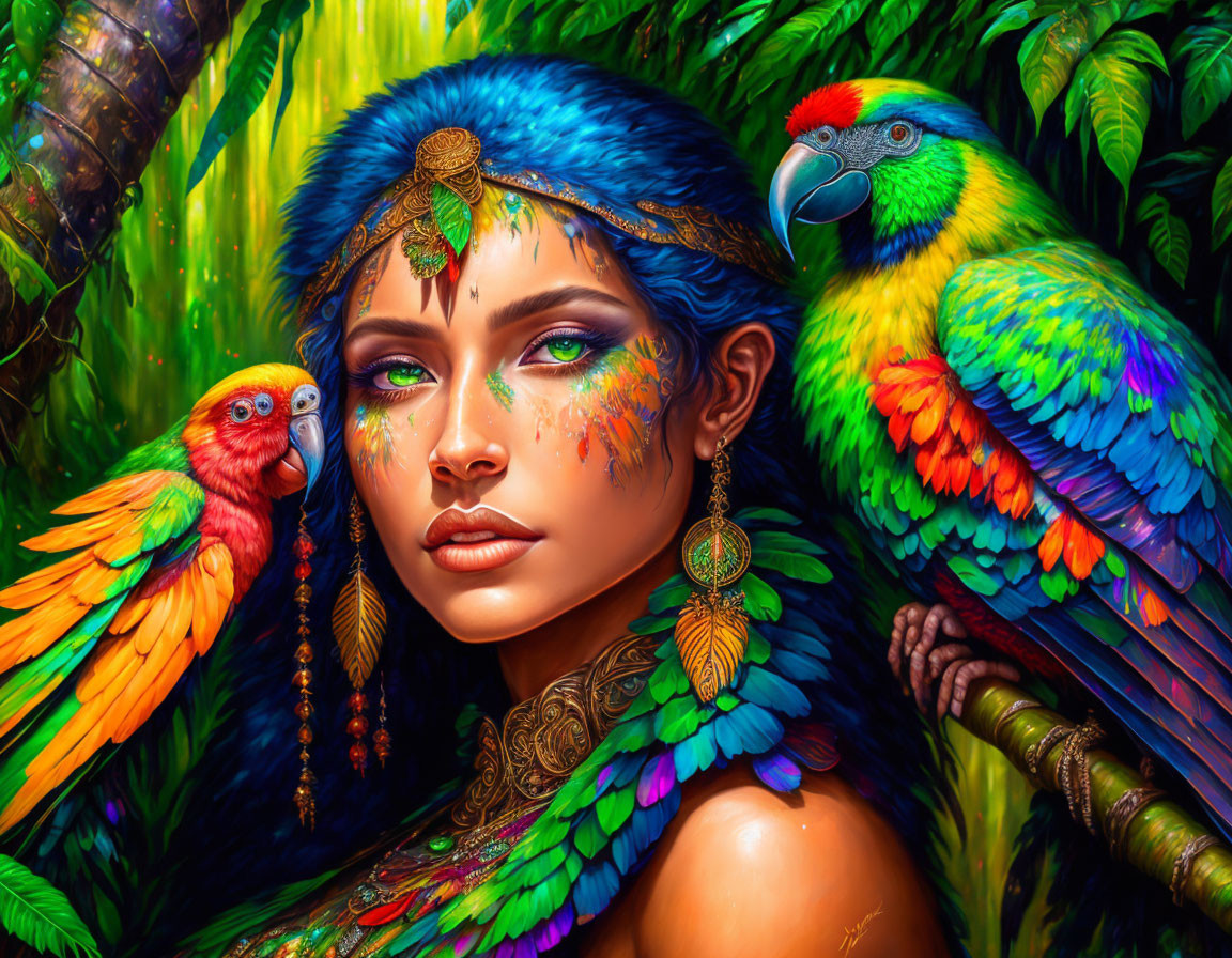 Colorful portrait of woman with blue feathered headgear and parrots in lush jungle.