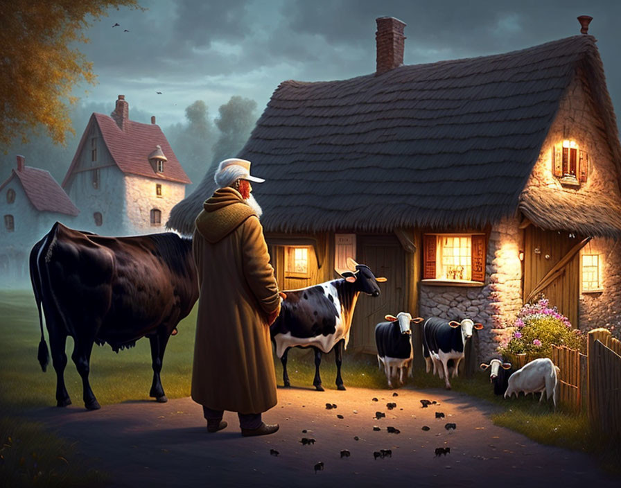 Rural scene: elderly farmer, cows, sheep, thatched-roof cottage at twilight