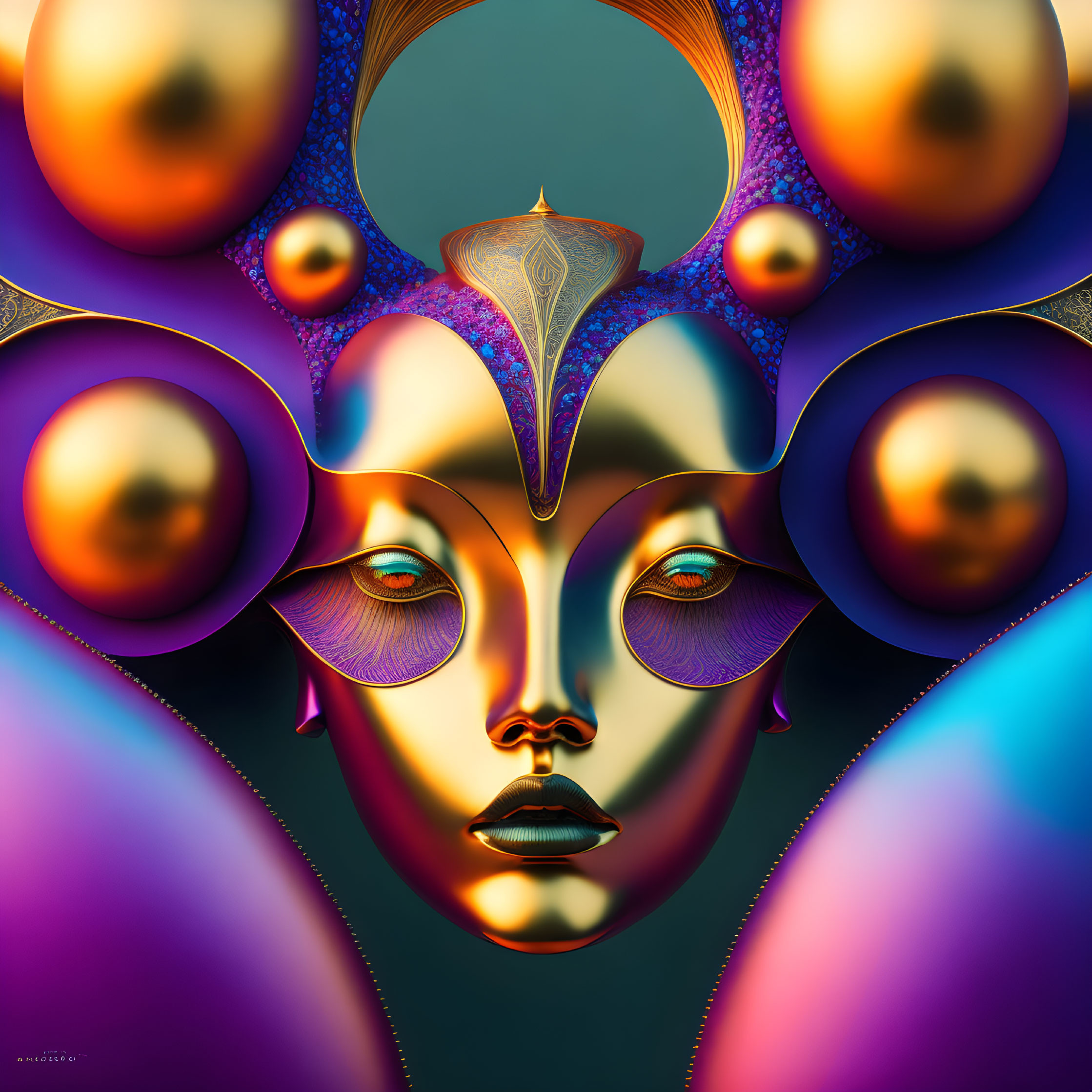 Surreal digital portrait featuring violet-eyed face with reflective spheres and ornate headgear in purple,