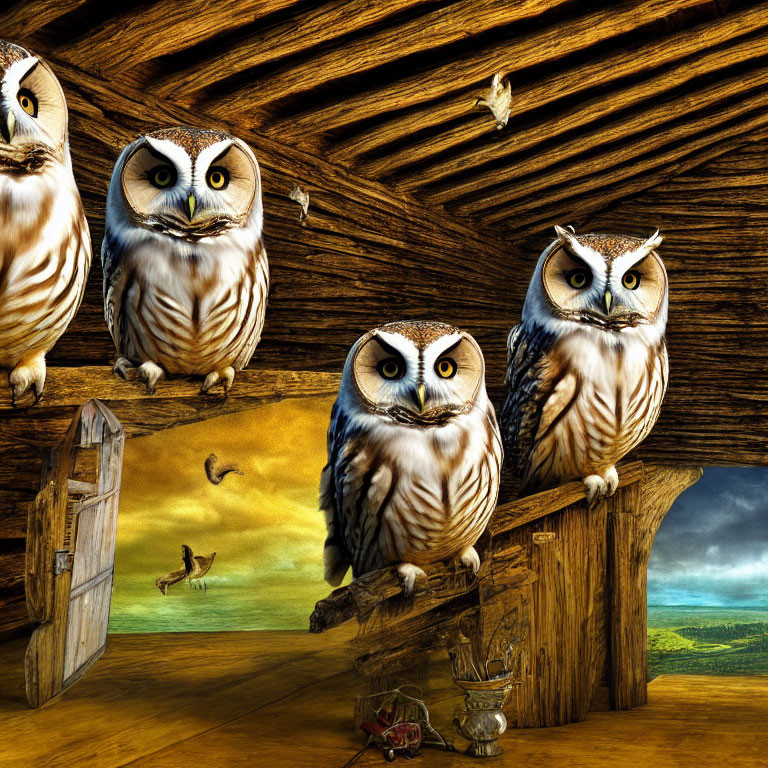 Three animated owls in wooden attic with moths and geese landscape