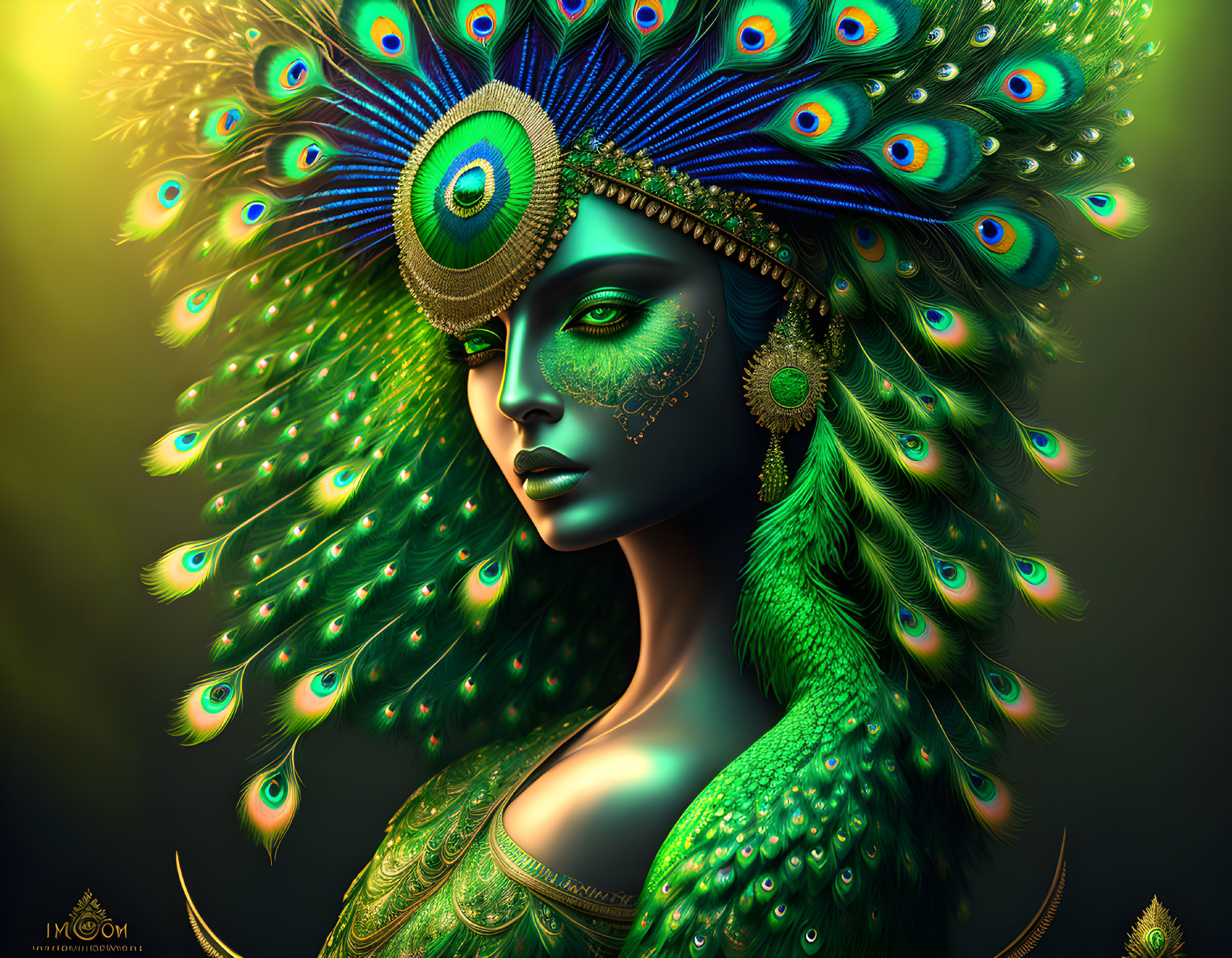 Digital art: Woman with peacock features, vibrant feathers, green skin.