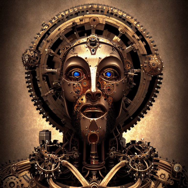 Detailed Steampunk-Style Robotic Head with Glowing Blue Eyes