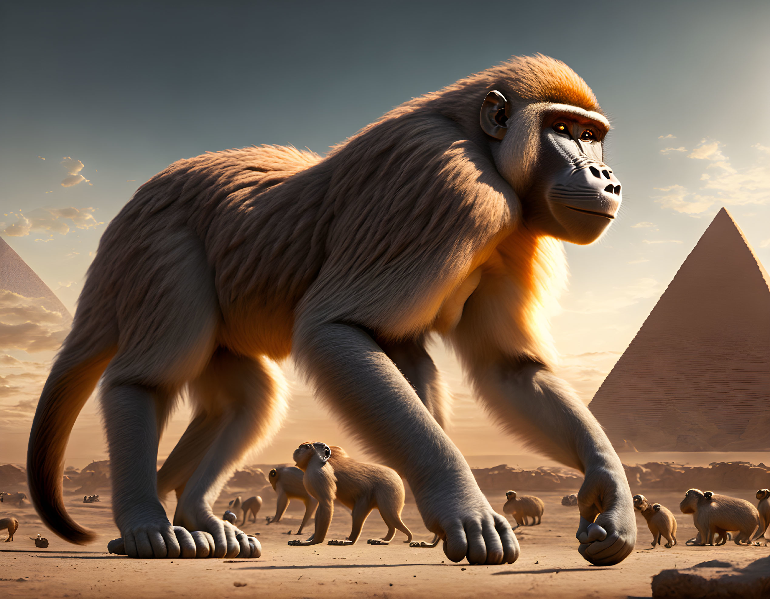 Hyper-realistic baboon dominates desert with pyramids in background