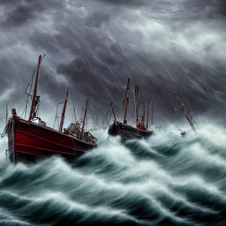 Stormy seas: Fishing boats in turbulent waters under dark skies