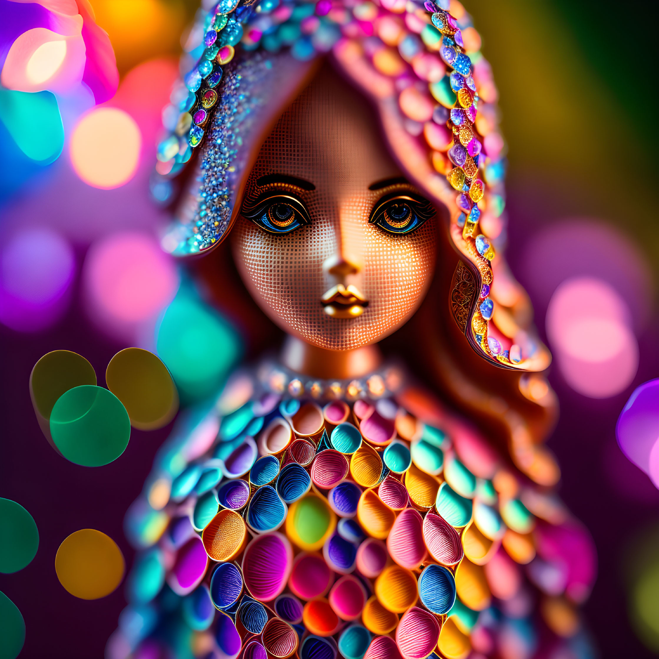 Colorful ornate doll with sequined hood on bokeh light background