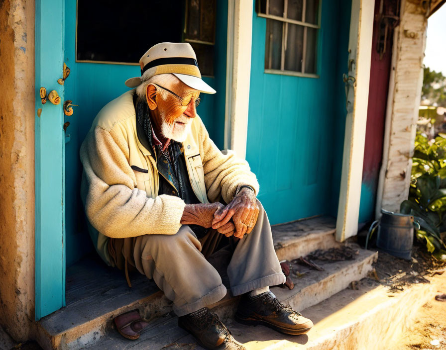 Elderly man in hat and jacket sitting on steps of house with blue door