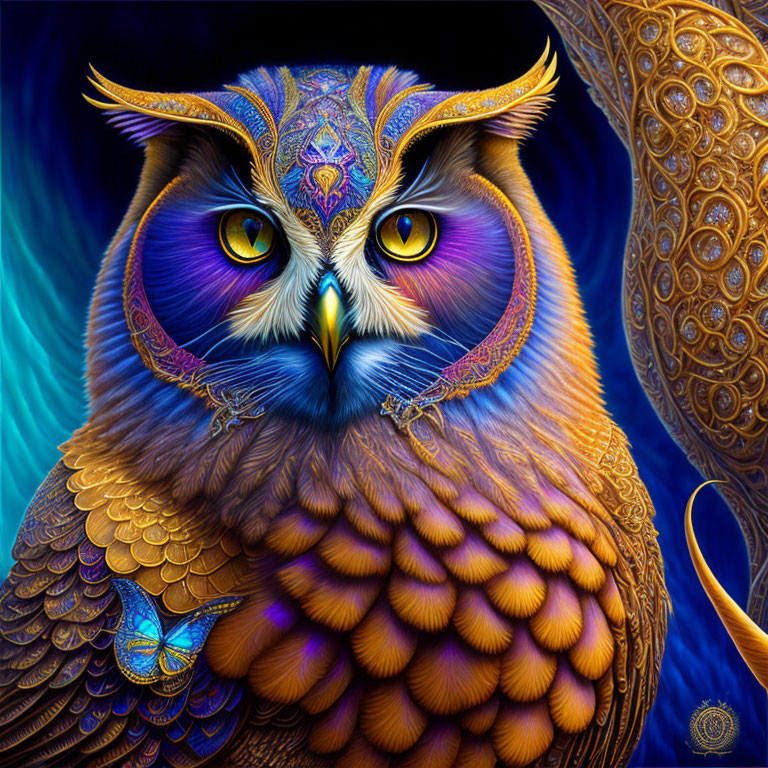 Colorful digital artwork: Owl with intricate patterns, golden hues, blue feathers, and butterfly motif