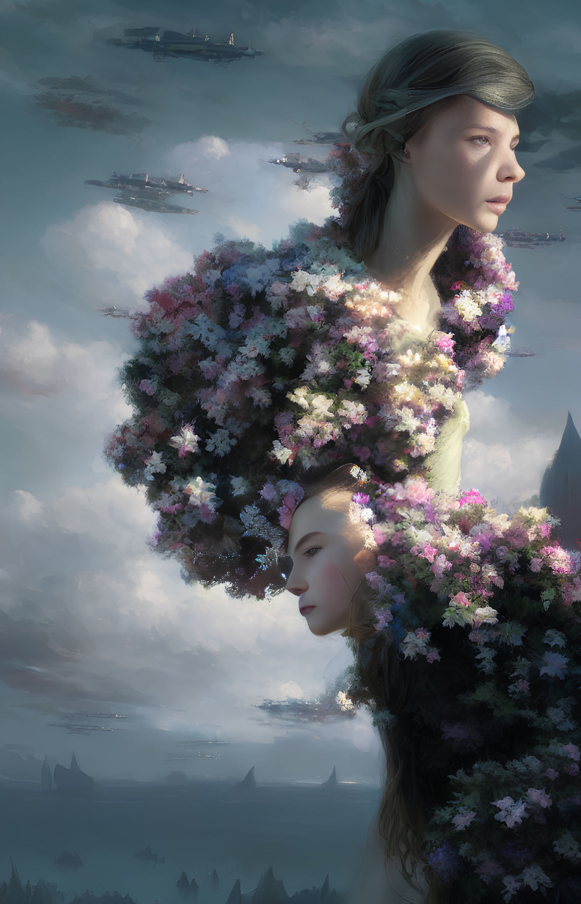 Surreal artwork: Women's profiles merge with blooming tree in dreamy setting