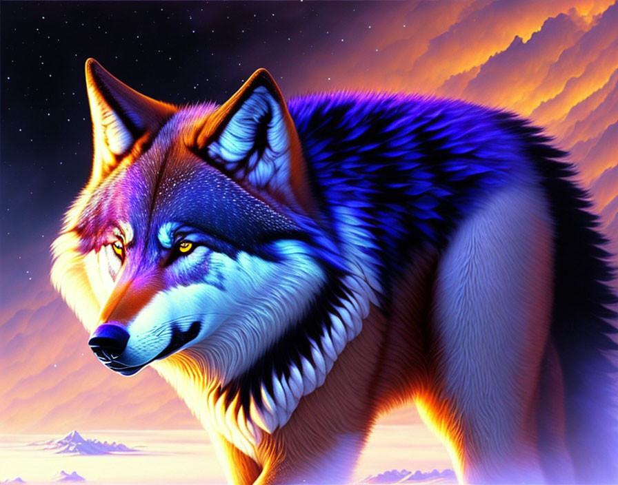 Colorful Wolf Digital Art: Sunset & Ice Landscape Palette