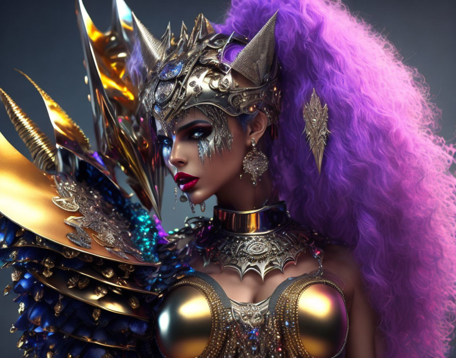 Fantasy warrior woman in silver armor with cat ear helmet and purple hair