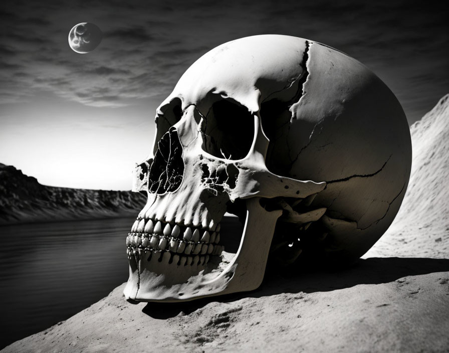 Large Human Skull on Barren Moonlit Landscape with Cracked Earth