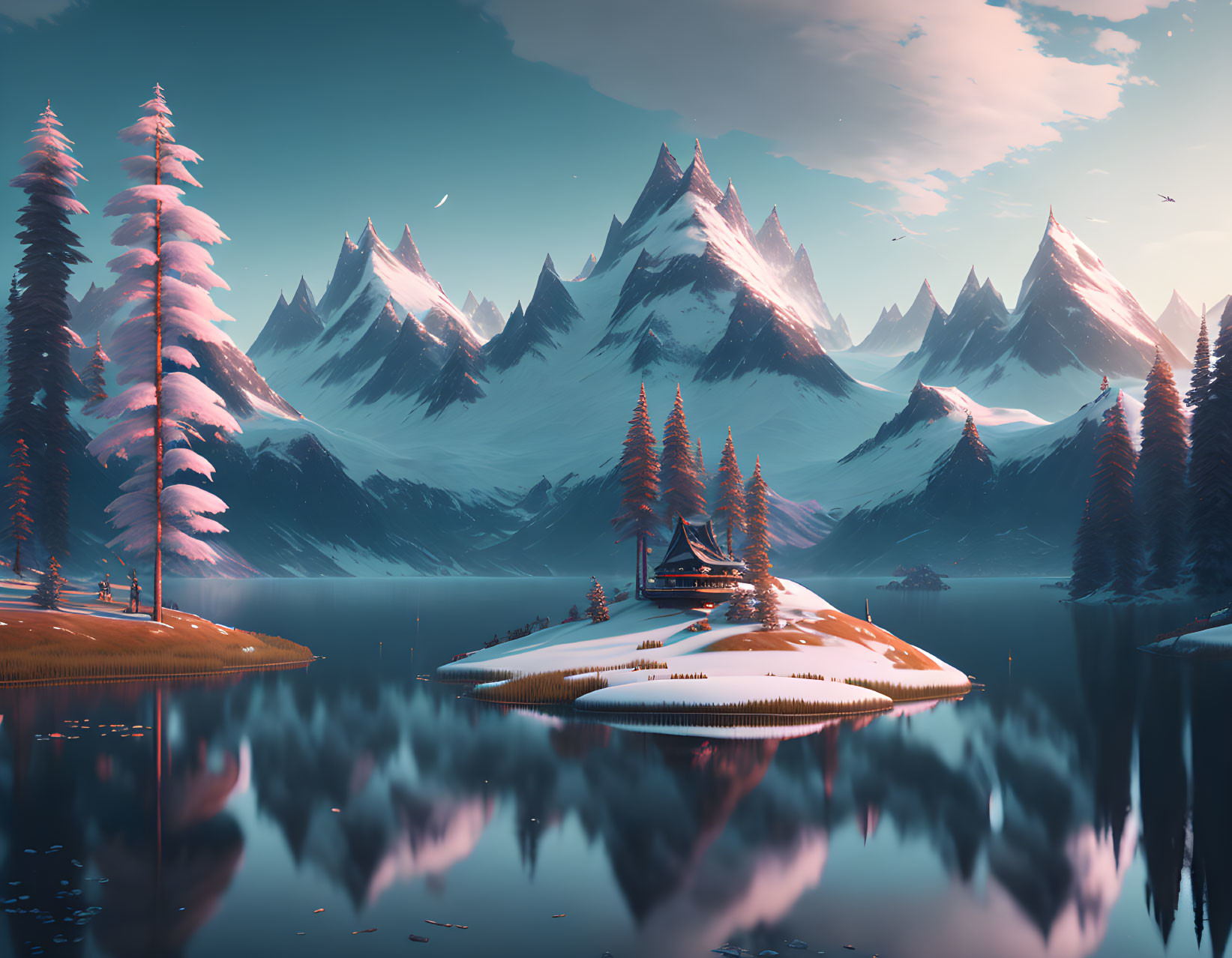 Snow-covered mountains, lake reflections, cabin, pine trees, pink sky landscape