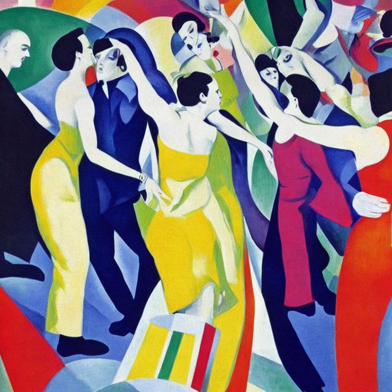 Vibrant abstract painting of stylized figures dancing with dynamic shapes.