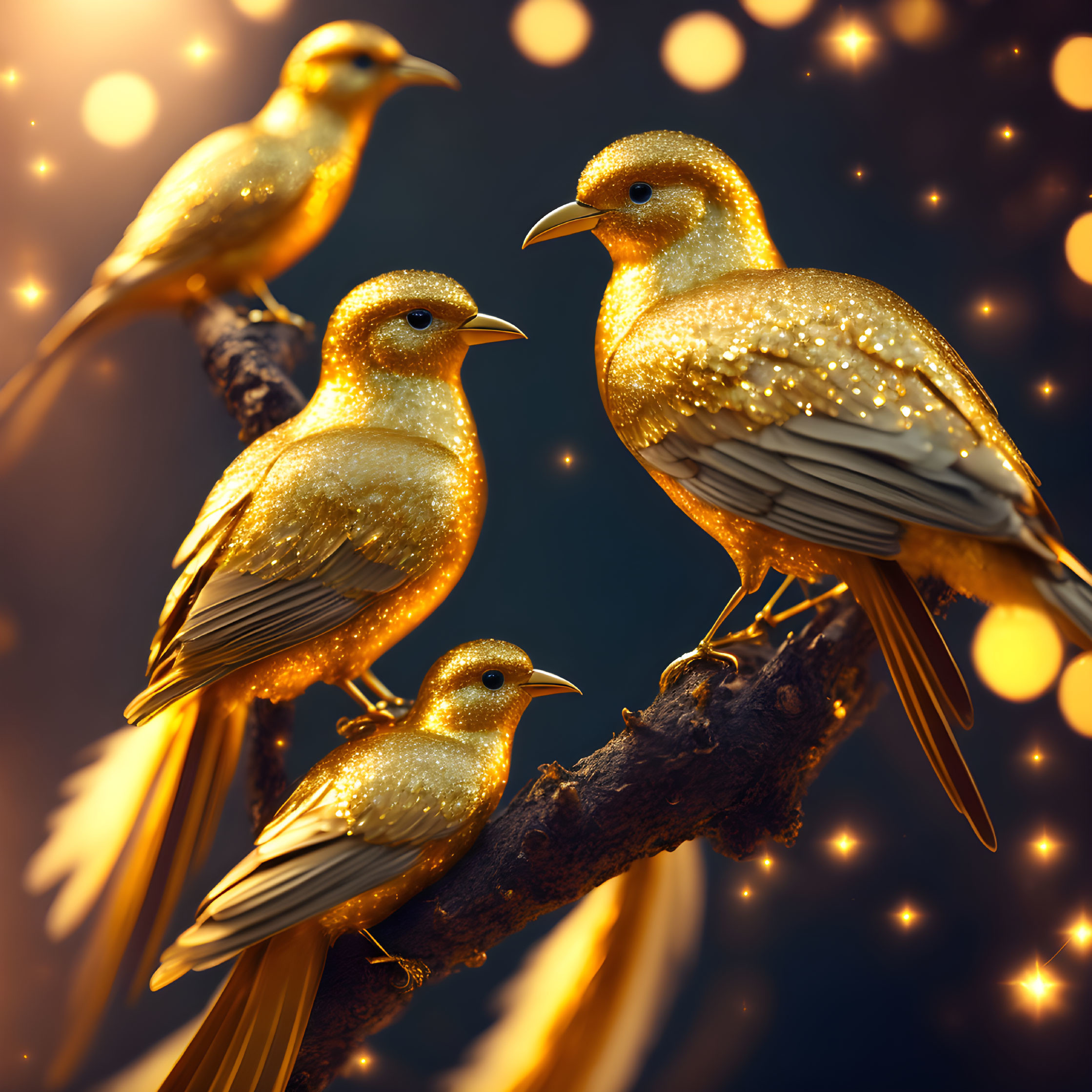 Shimmering golden birds on branch with bokeh light background