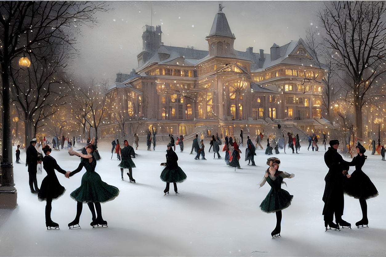 Victorian-era people ice skating in a snowy park at dusk