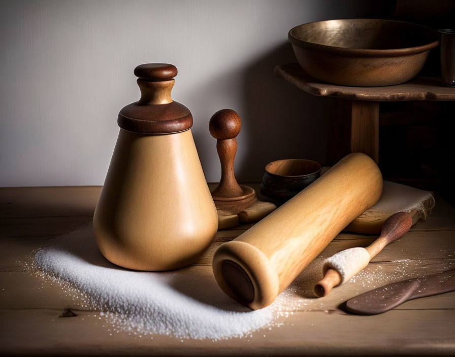 Kitchen baking utensils with rolling pin, wooden bowls, spoons, and flour-dusted surface