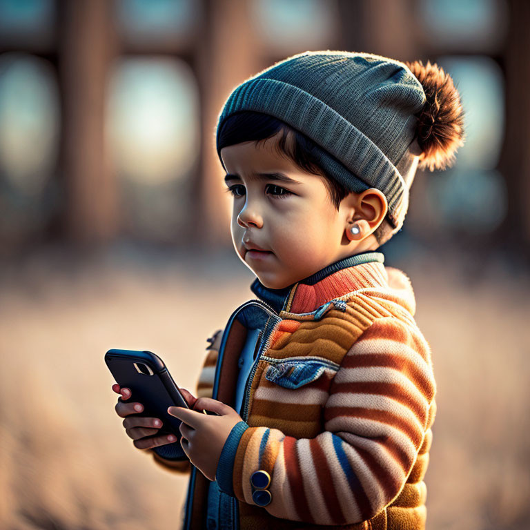 Child in Striped Jacket and Beanie Looking at Smartphone Outdoors