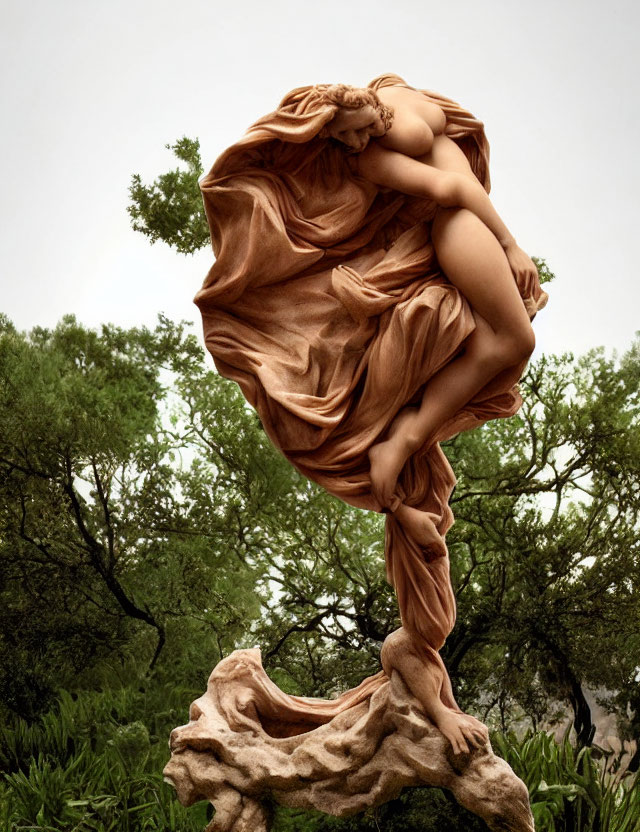 Bronze sculpture of human figure in flowing cloth, suspended above rocky base.