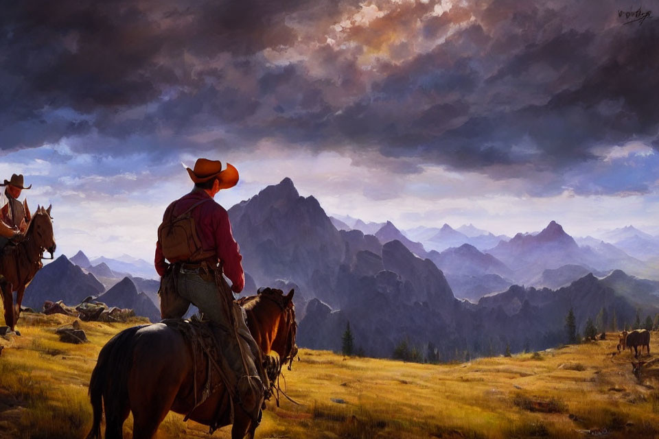 Cowboys on horseback in mountainous landscape under dramatic sky