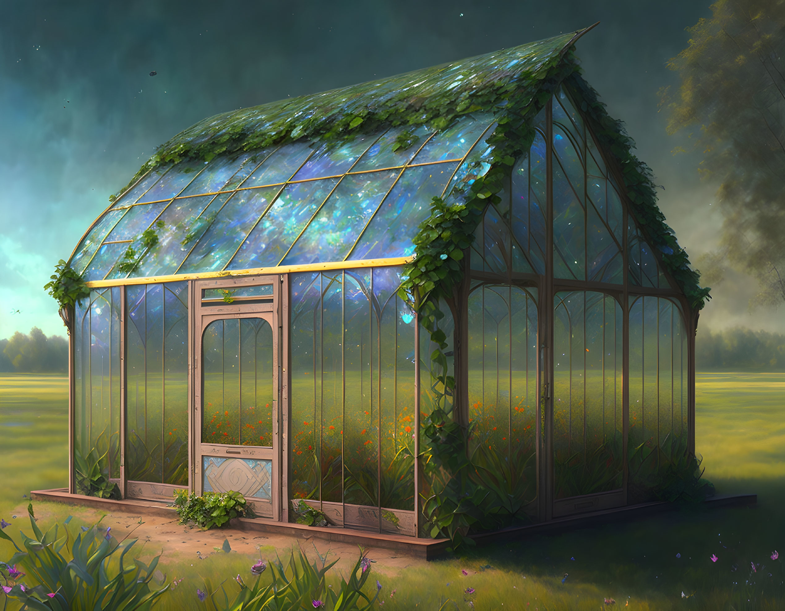 Idyllic greenhouse with glass panels and vines in tranquil field