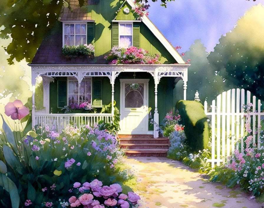 Green cottage with white picket fence in sunny garden