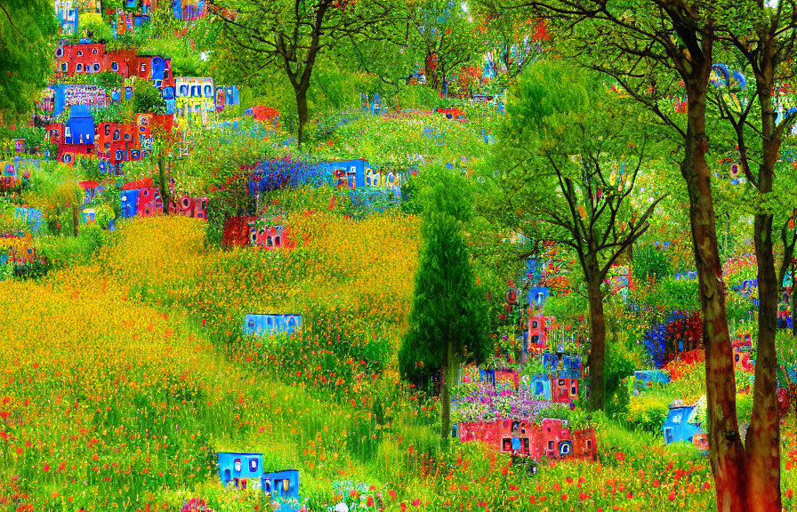 Colorful Impressionist-style Painting of Floral Meadow and Whimsical Houses