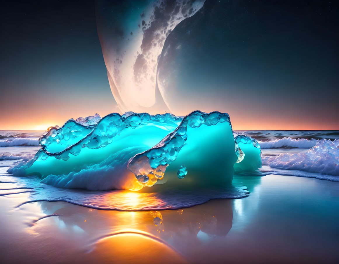 Glowing blue iceberg on beach at twilight under starry sky with planet