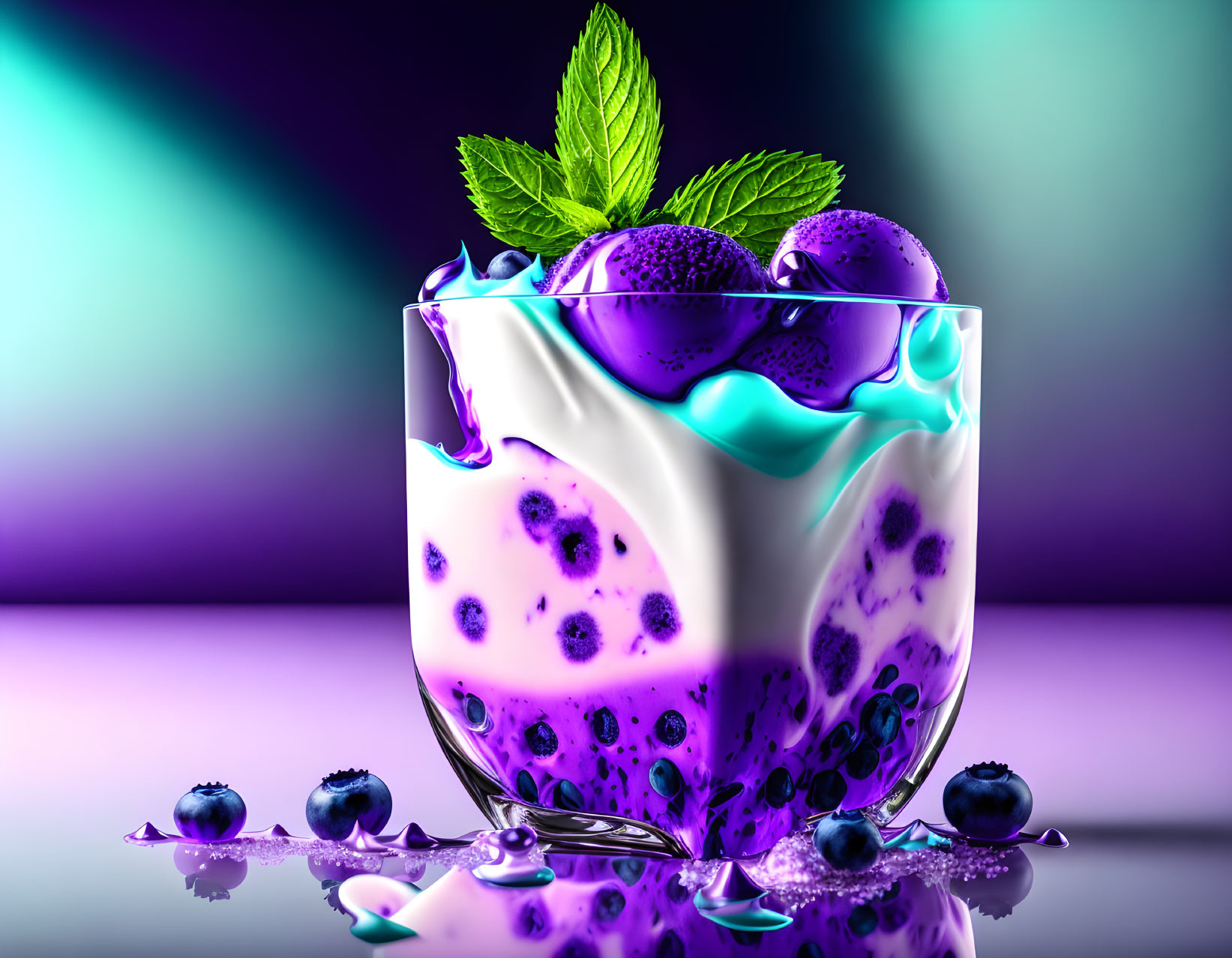 Colorful Blueberry Yogurt with Fresh Berries and Mint in Transparent Bowl