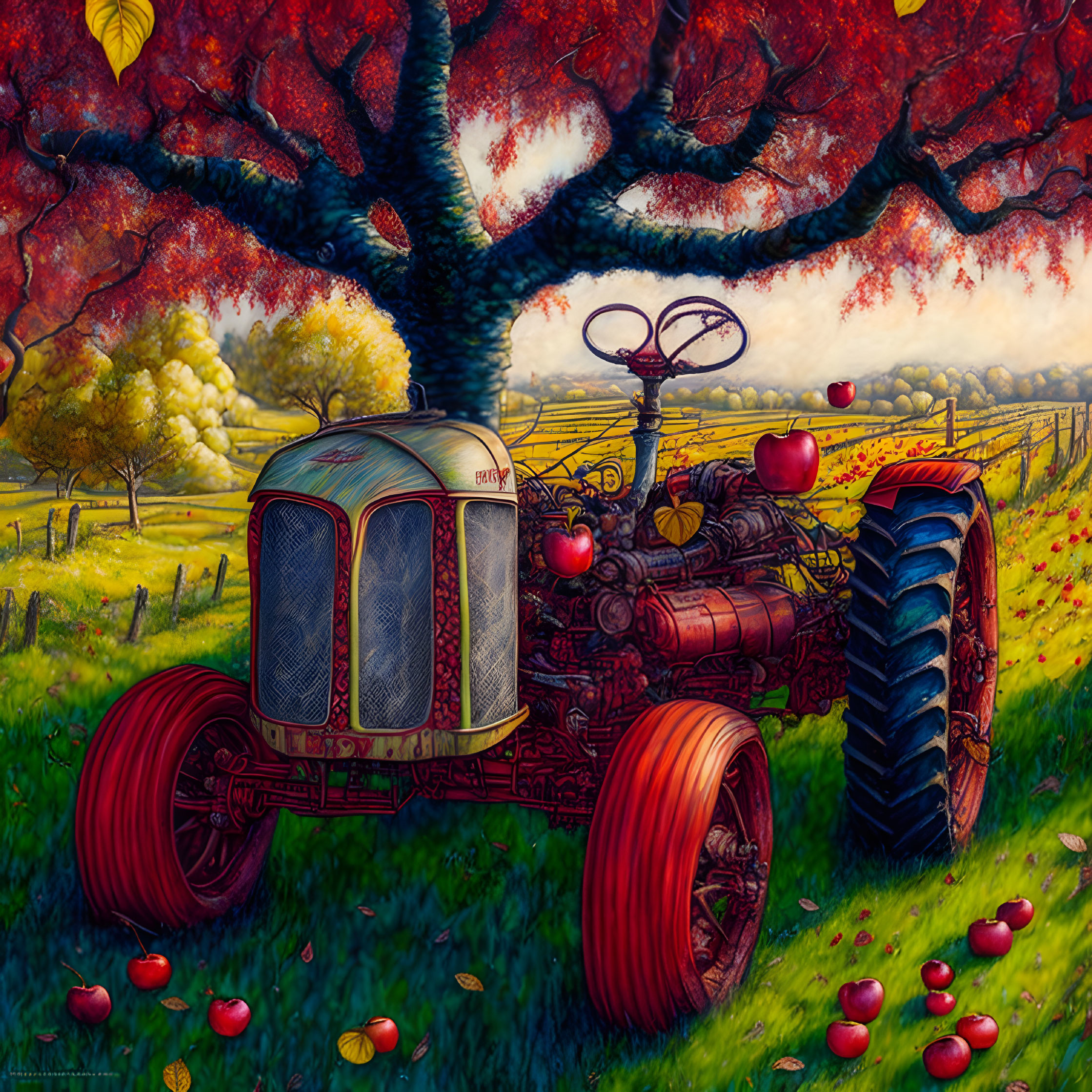 Vintage Red Tractor and Apple Tree Scene in Colorful Countryside