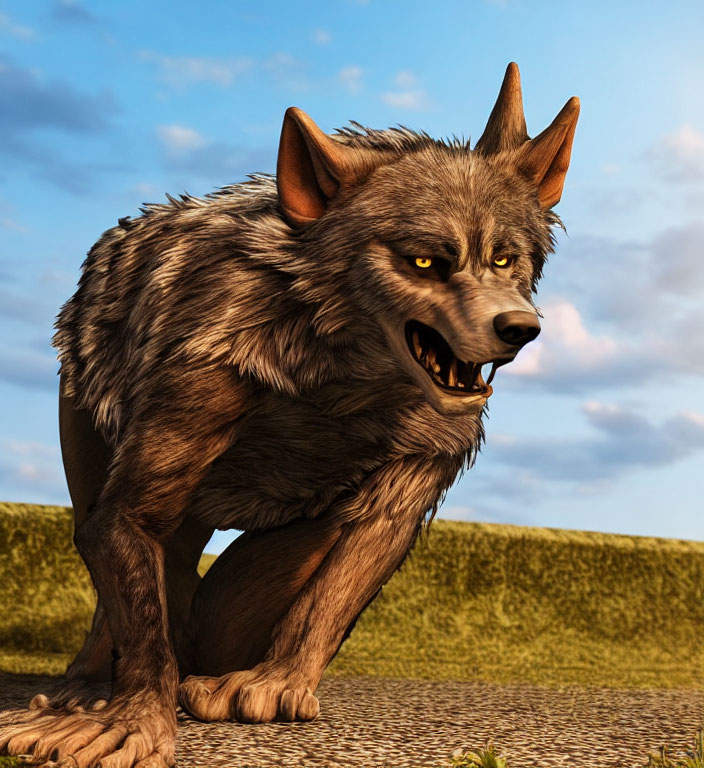 Detailed 3D rendering of snarling gray wolf against sunset sky