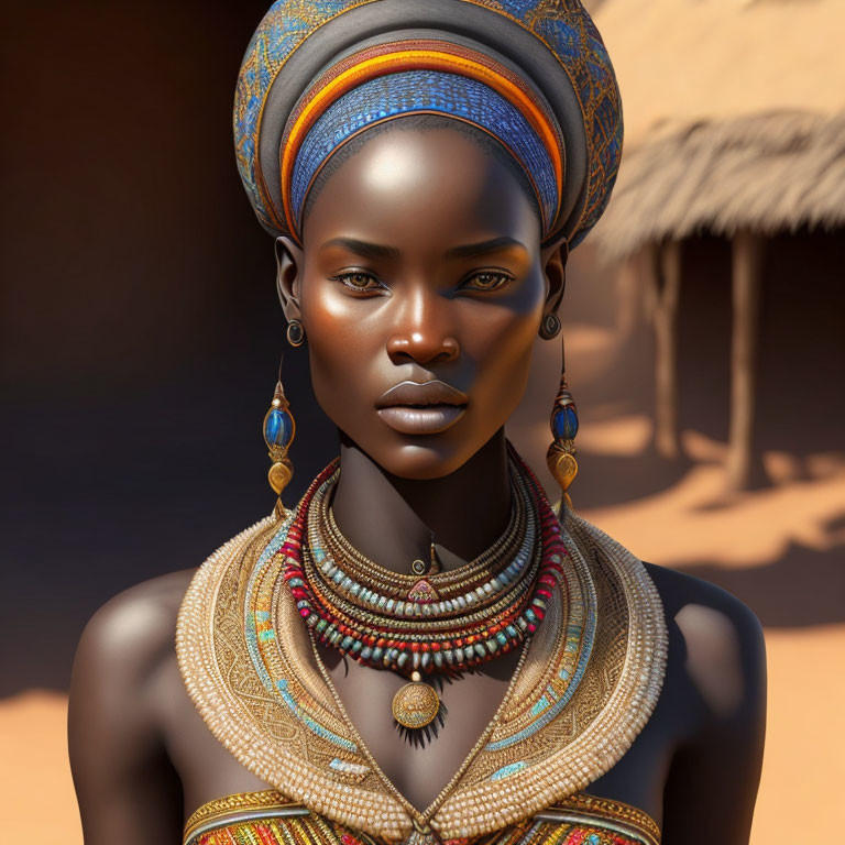Digital Artwork: Woman in African Jewelry & Headwear in Desert Village