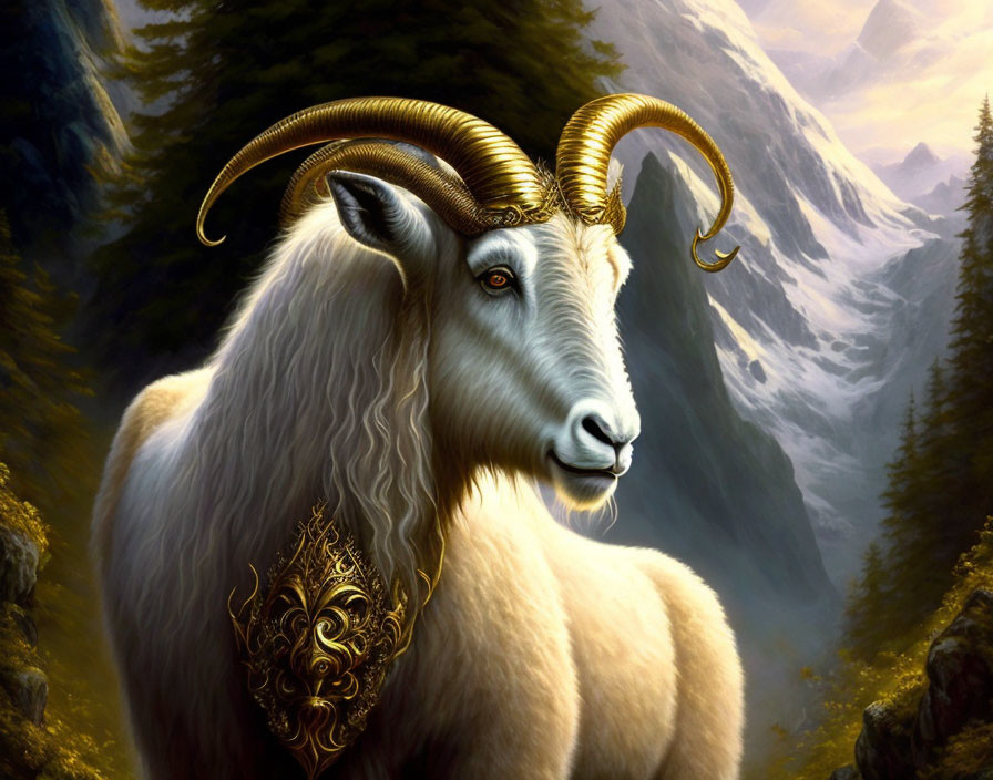 Majestic goat-like creature with spiraling horns in mountain landscape