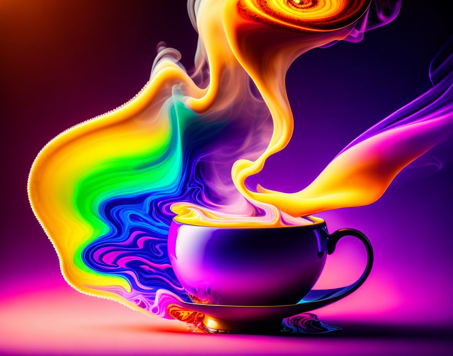 Colorful cup with swirling steam on purple-orange background