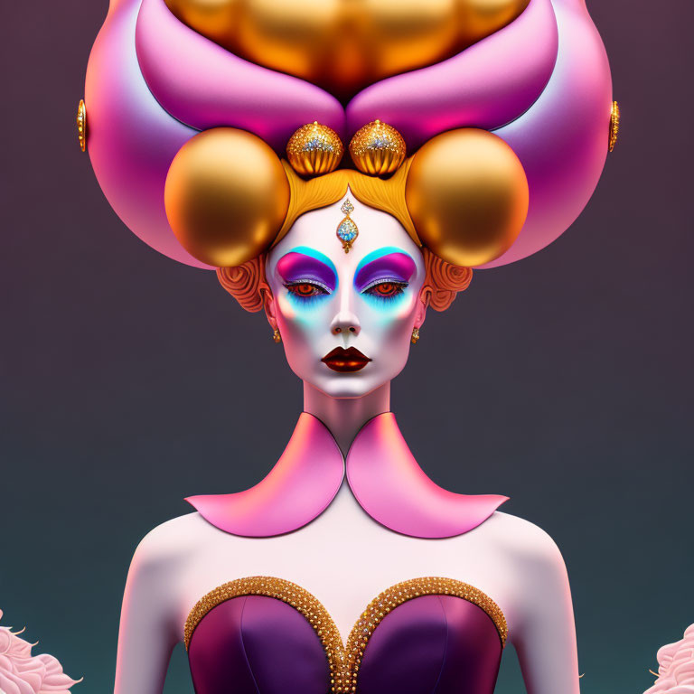 Colorful surreal illustration of stylized woman with elaborate headdress.